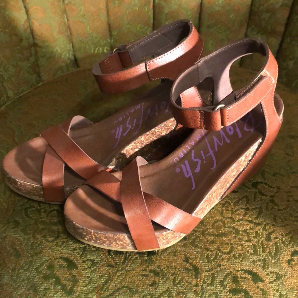 Blowfish brown leather open toe wedge